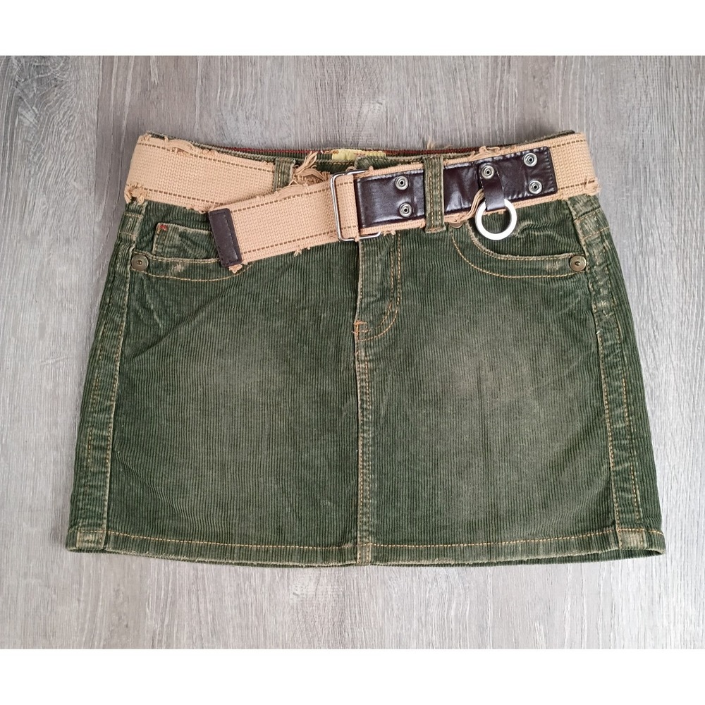 Marlo Y2K Green Corduroy Mini Skirt Low Rise Belted Boho Grunge Skater 26